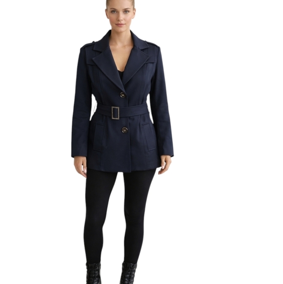 Cache Jackets & Blazers - Vtg Cache Navy Blazer Trench Coat Belted office Siren Knit Old Money Sz S